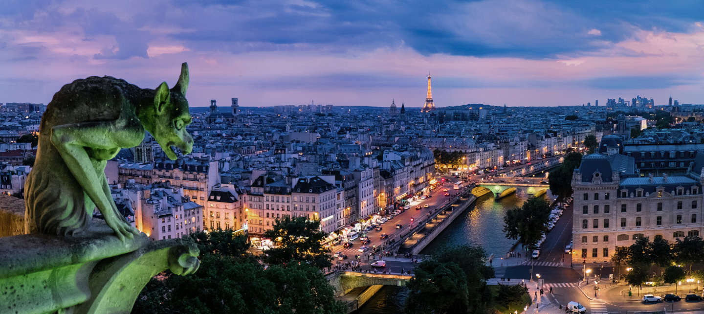 Paris at dusk seen from a gargoyle on Notre-Dame, with the Seine and the Eiffel Tower in the distance